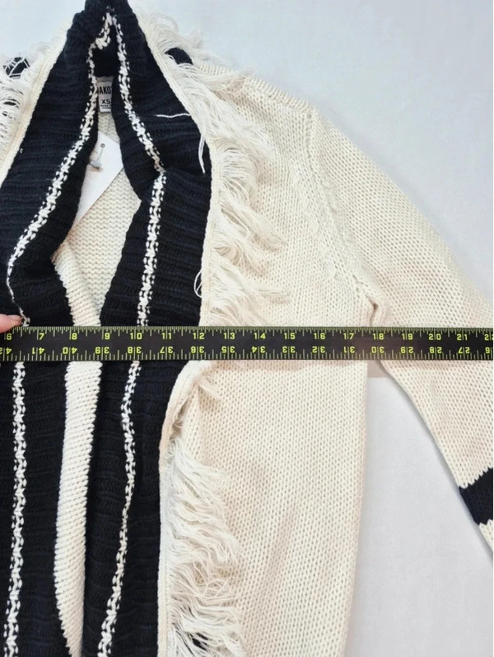 BB Dakota Oversize Ivory Black Stripe Knit Open Front Fringe Cardigan Women's XS